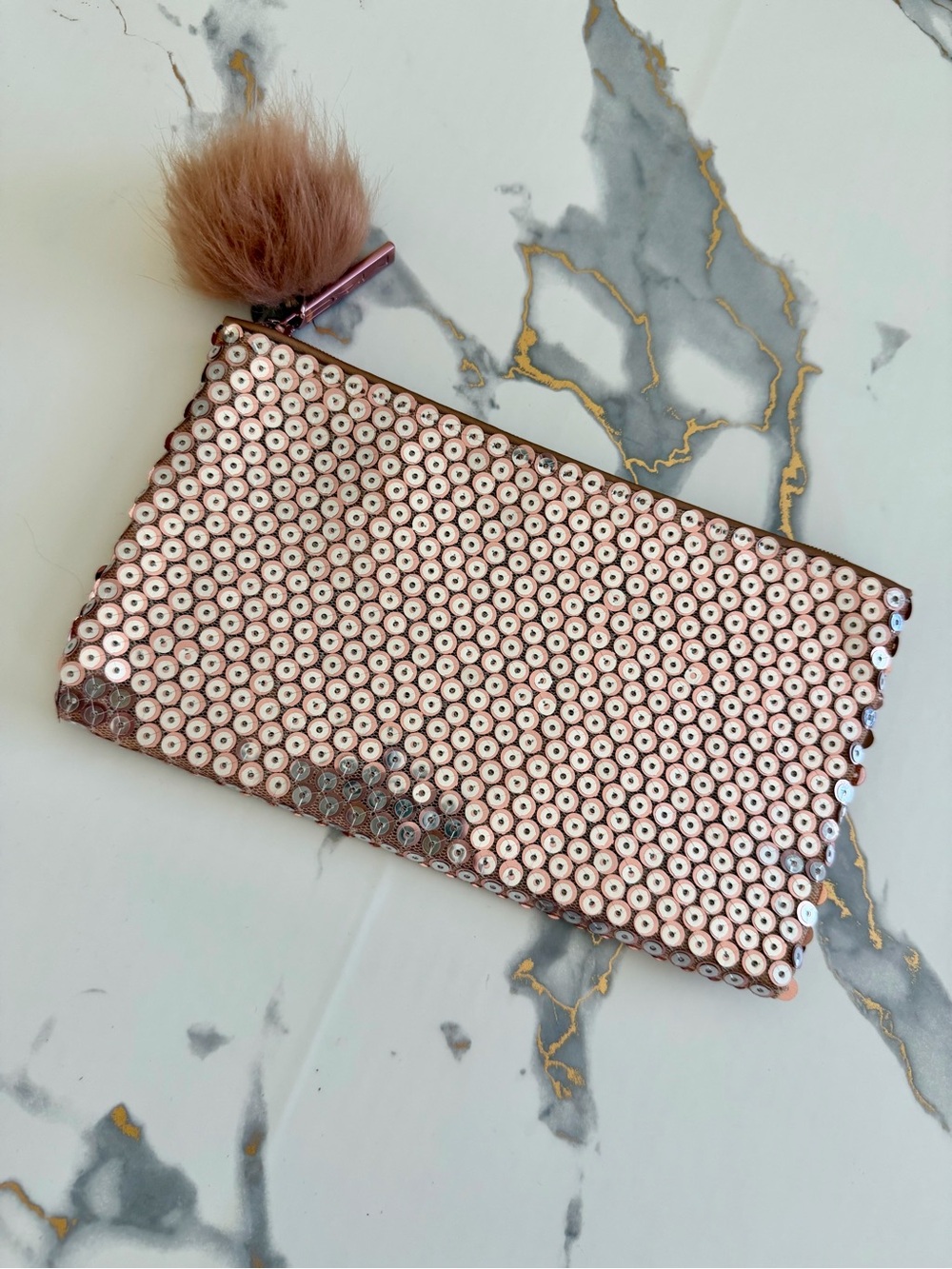 NWOT MAC Cosmetics Limited Edition Rose Gold Sequin Makeup Bag with Pom Pom